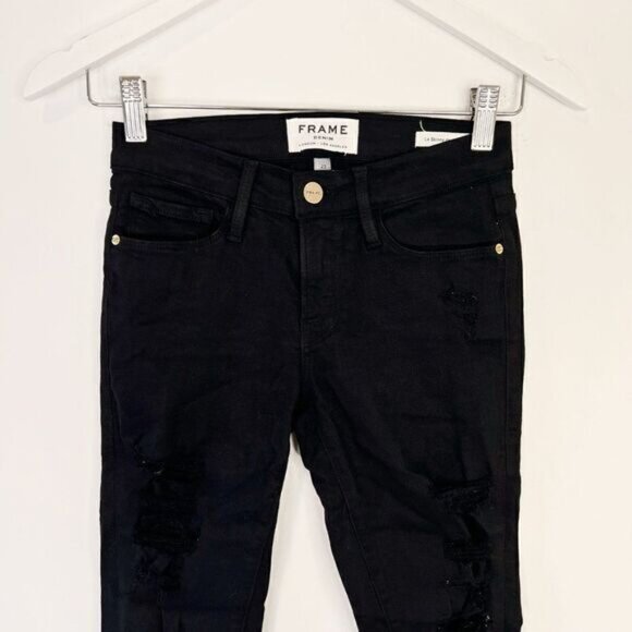 Frame Denim Le Skinny de Jeanne Distressed Black Jeans in Film Noir - Picture 4 of 8